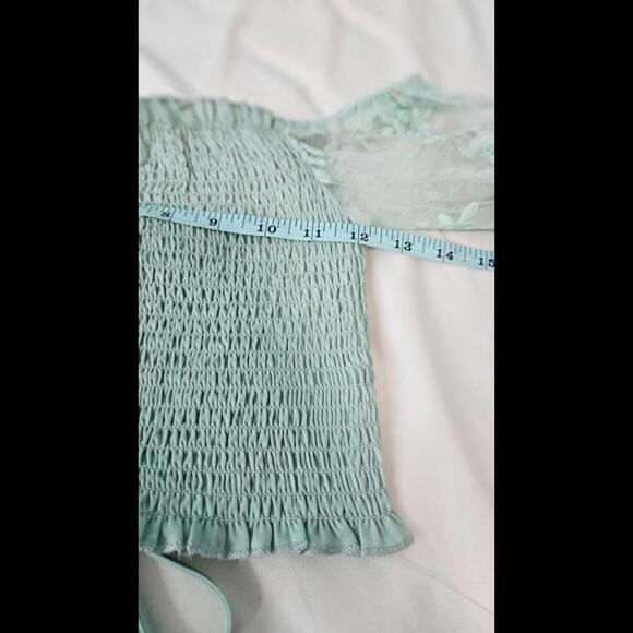 Chic Mint Green Smocked Crop Top with Sheer Sleeves Size Medium - Picture 8 of 8